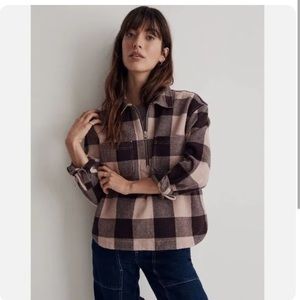 Madewell Waffle Half-zip Popover Pink Plaid Long Sleeve Top
